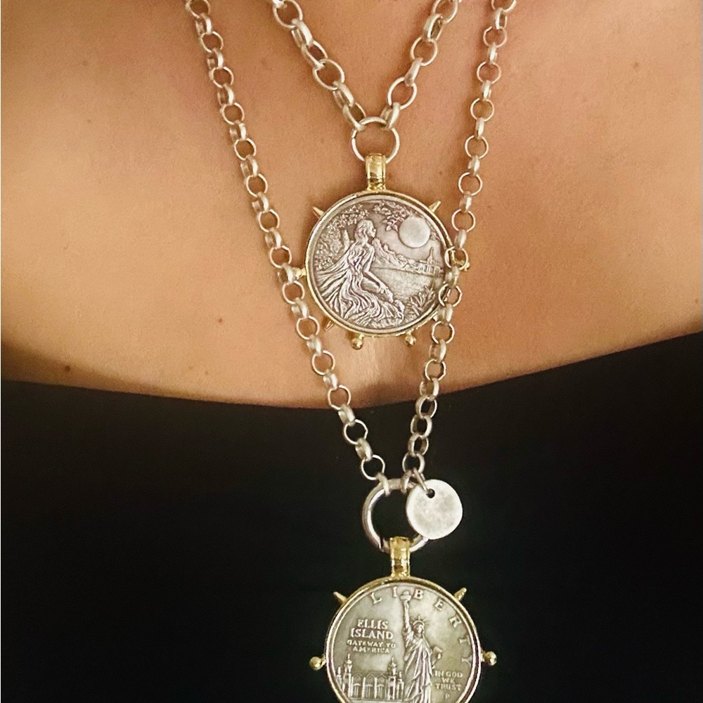 Gold and Silver Coin Pendant Necklace, large coin pendantt necklace, Statue